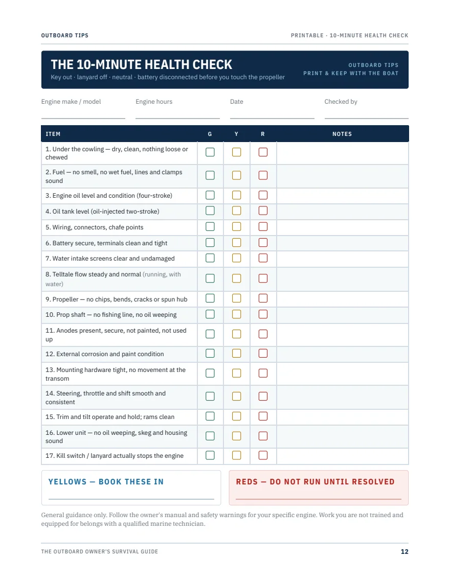 A printable page from the guide: the 10-Minute Health Check, seventeen items rated green, yellow or red
