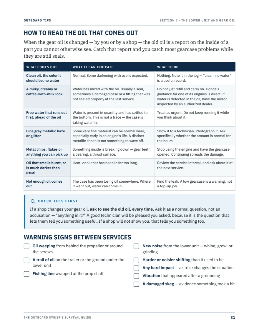Sample page: how to read drained gear oil, a table matching what comes out of the gearcase to what it can indicate and what to do next