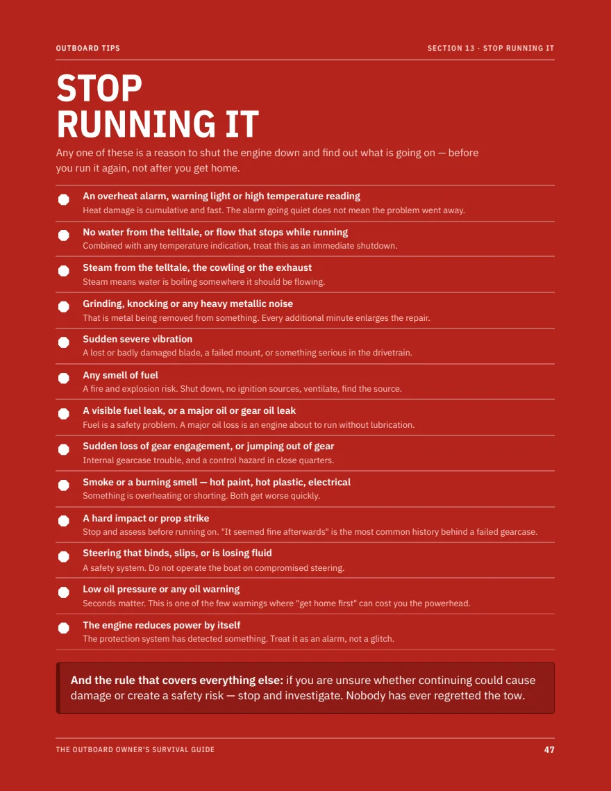 A page from the guide: the red Stop Running It page listing thirteen conditions that justify shutting the engine down