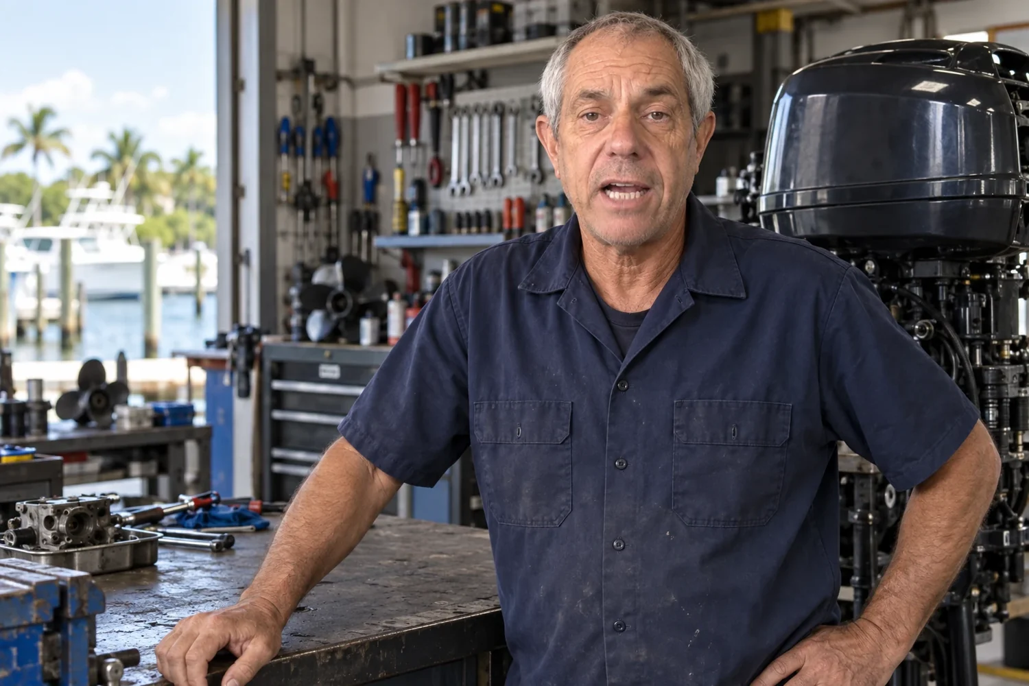 Mike at his workbench in the shop, an outboard powerhead on a stand beside him and the marina visible through the open roller door