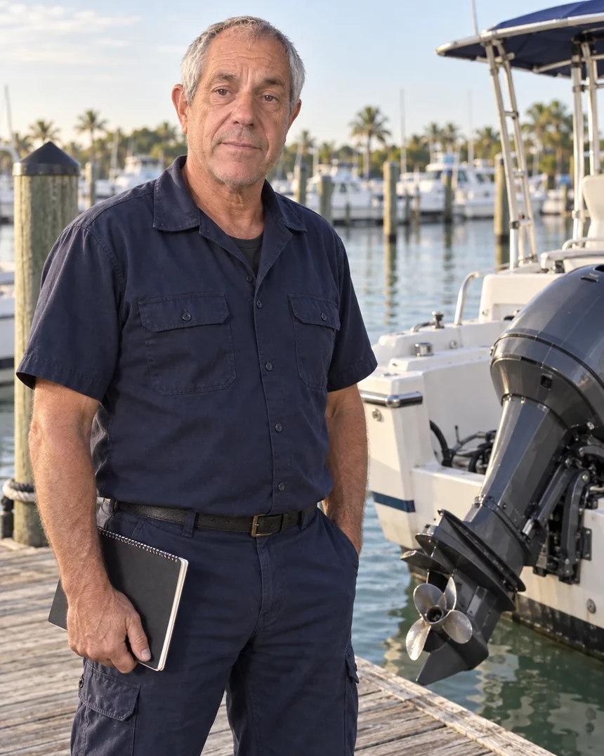 Mike standing on a dock in the Florida sun beside a center console boat with a large outboard, a notebook under his arm