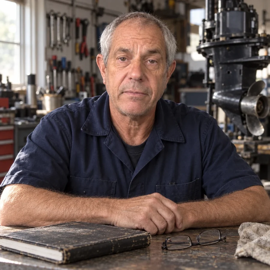 Mike seated at his workbench with an old service logbook and his reading glasses in front of him