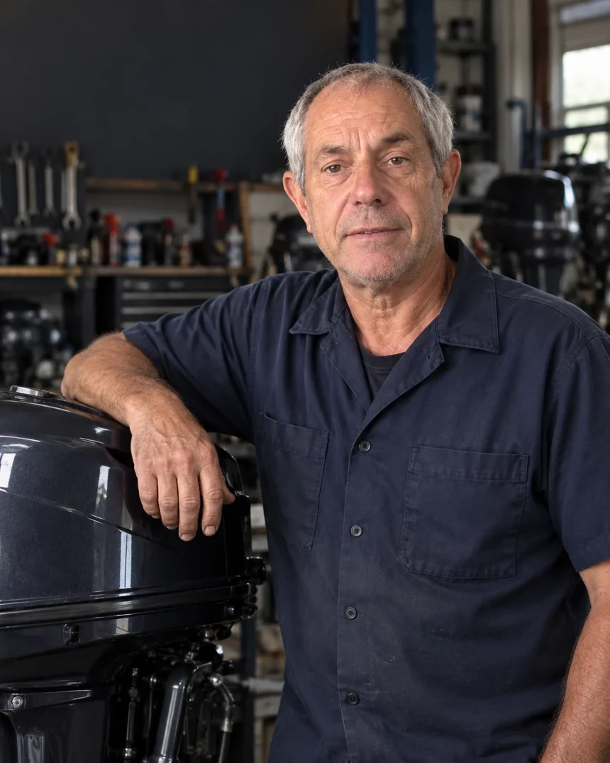 Mike standing in his shop with his arm resting on the cowling of an outboard, rows of engines and tools behind him